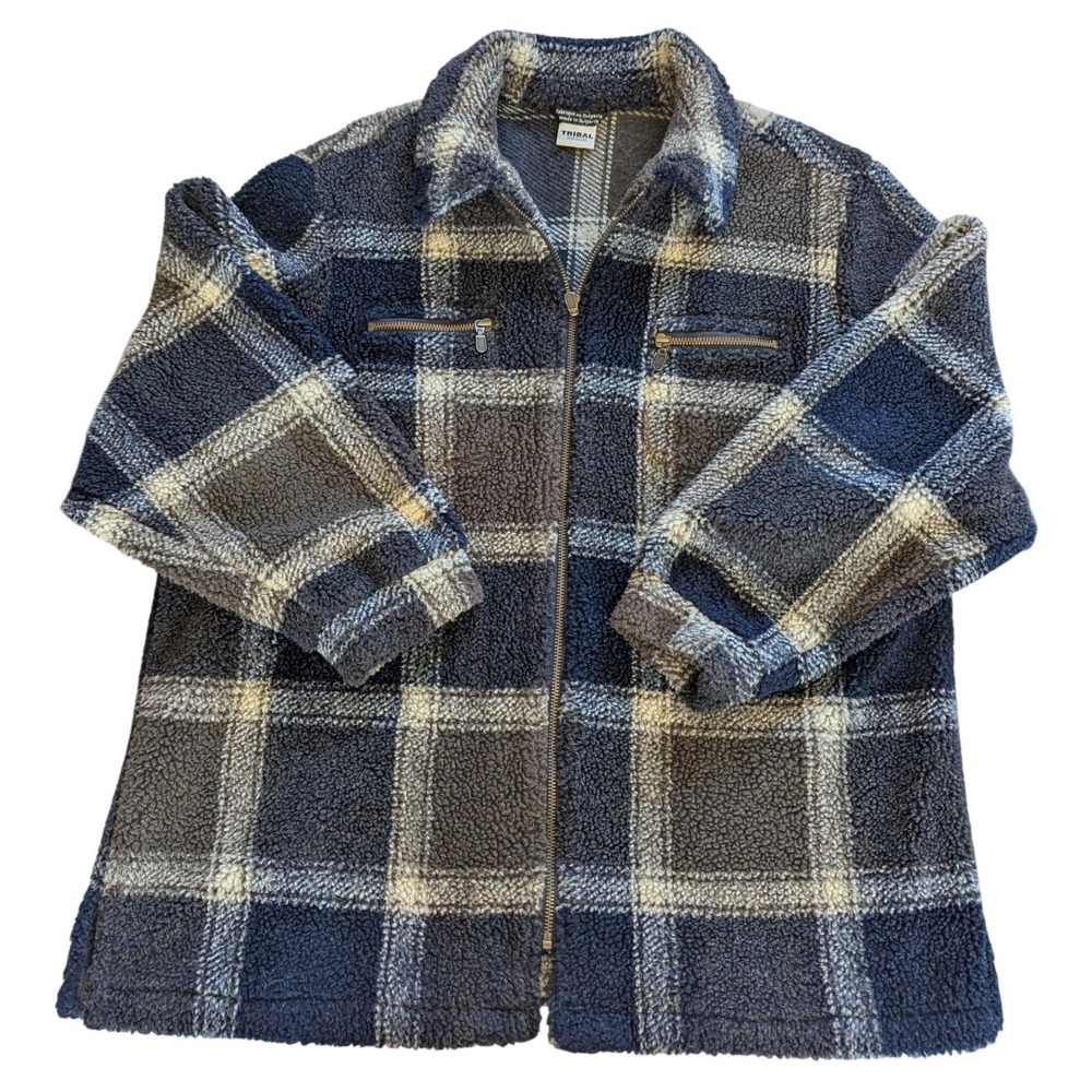 Tribal Sportswear Mens Plaid Sherpa Fleece Full Zip Jacket Blue Grey‎ Gorpcore